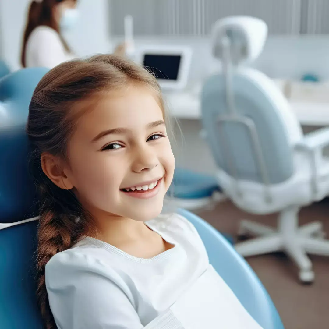 Ein kleines Mädchen sitzt in einem Zahnarztstuhl.